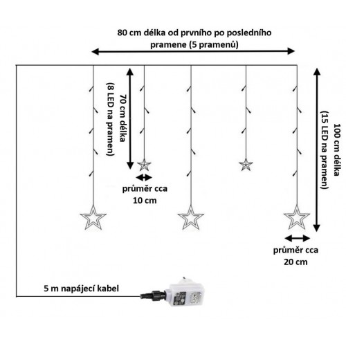 Vianočný záves - 5 hviezd, 61 LED, studeno biela, ovládač