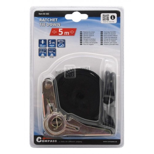 Popruh s račňou a s hákmi - 5 m