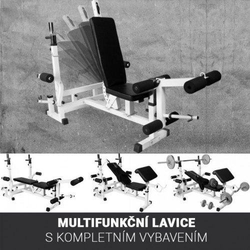 Nastaviteľná fitness lavica s curl stanicou a kladkou, biela