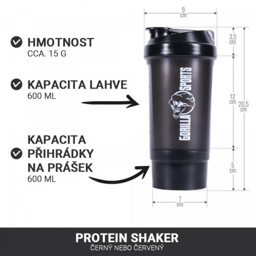 Gorilla Sports Shaker s priehradkou, 500 ml čierny