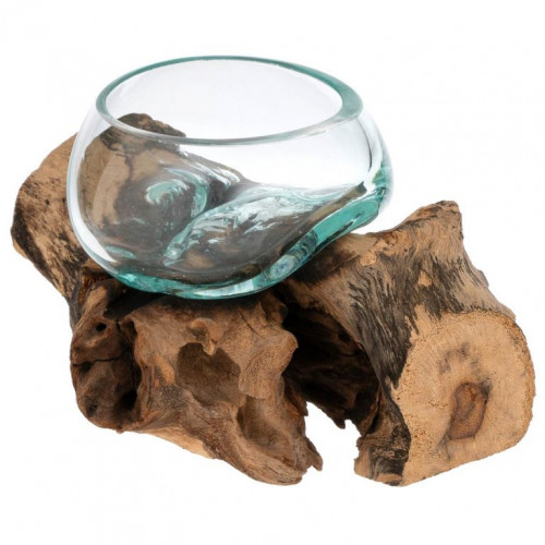 Fúkaná sklenená miska na teakovom dreve, 10 cm