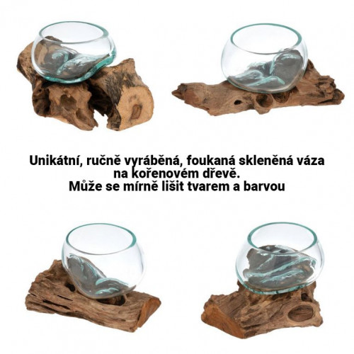Fúkaná sklenená miska na teakovom dreve, 10 cm