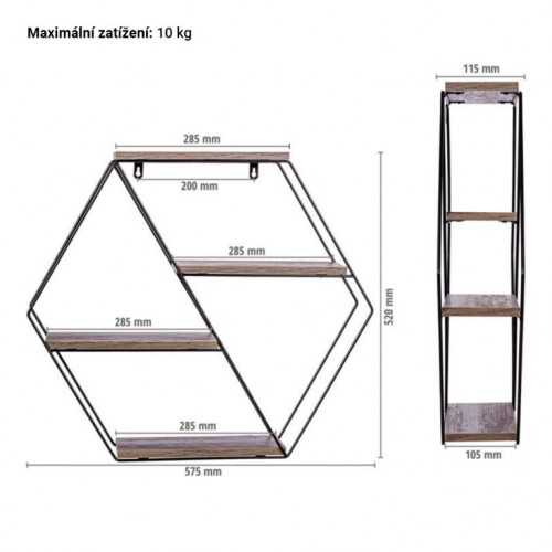 STILISTA Nástenná šesťhranná police, sv. drevo, 51x58x11 cm