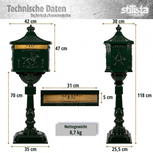 STILISTA starožitná poštová schránka, 118 cm, tm. zelená