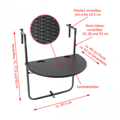 Závesný sklopný stolík ratanového vzhľadu - čierny