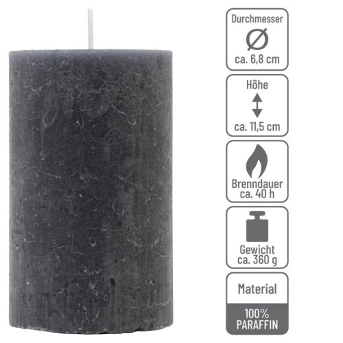 Antracitová parafínová sviečka, rustikálna, 11,5 cm, 40 hod