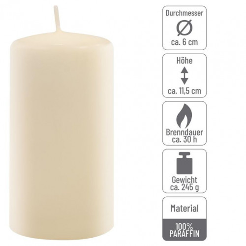 Sada stĺpových sviečok, 11,5 cm, Ø 6 cm, krémová, 12 ks