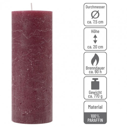 Bordó parafínová sviečka rustikálna 20 cm, 90 h, sada 4 ks