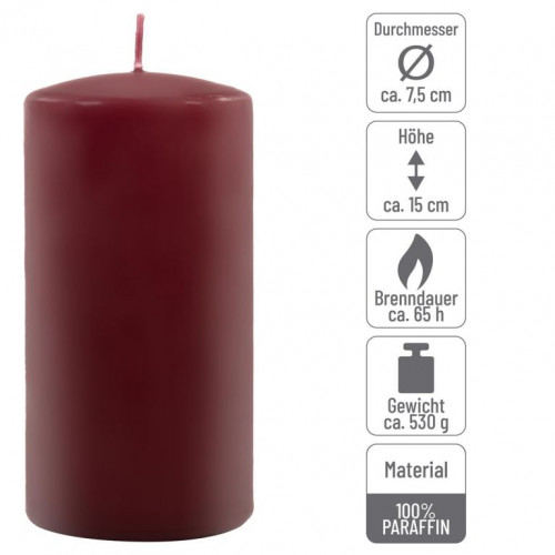 Sada stĺpových sviečok, 15 cm, Ø 7,5 cm, vínová, 4 ks