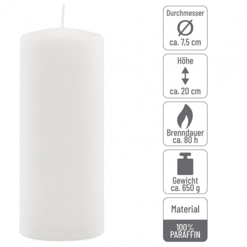 Sada stĺpových sviečok, 20 cm, Ø 7,5 cm, biela, 2 ks