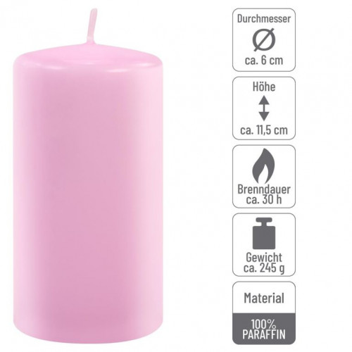 Sada stĺpových sviečok, 11,5 cm, Ø 6 cm, ružová, 12 ks