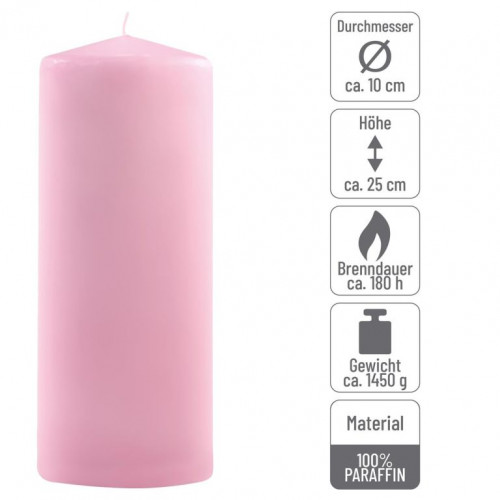 Sada stĺpových sviečok, 25 cm, Ø10 cm, ružová, 4 ks