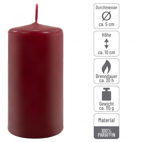 Sada stĺpových sviečok, 10 cm, Ø 5 cm, vínová, 8 ks