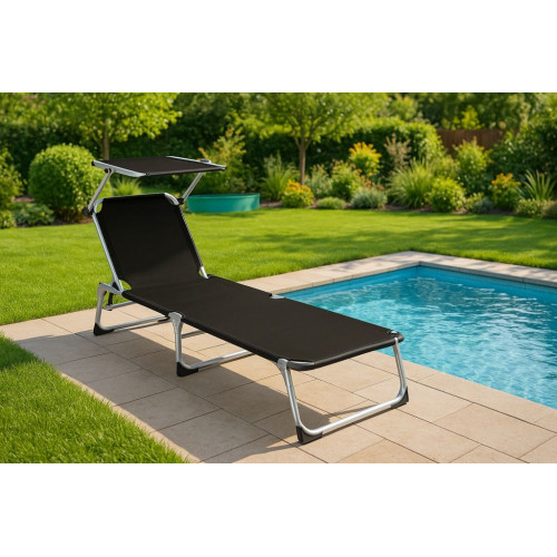Záhradné skladacie ležadlo so strieškou - čierne