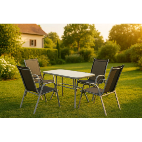 Záhradný skladací set stôl + 4 stohovateľné stoličky – čierna