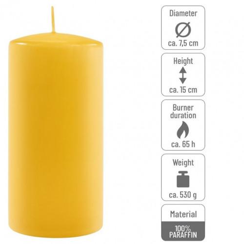 Sada stĺpových sviečok, 15 cm, Ø 7,5 cm, žltá, 4 ks