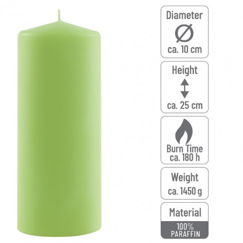 Sada stĺpových sviečok, 25 cm, Ø10 cm, svetlozelená, 4 ks
