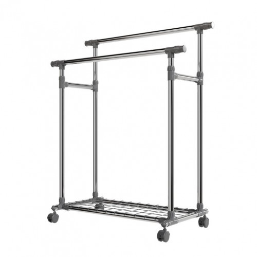 Kovový stojan na oblečenie na kolieskach, 2 tyče + police