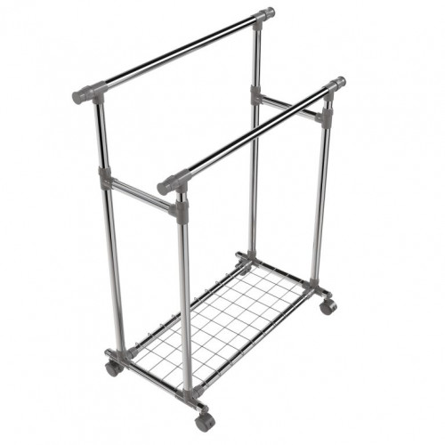 Kovový stojan na oblečenie na kolieskach, 2 tyče + police