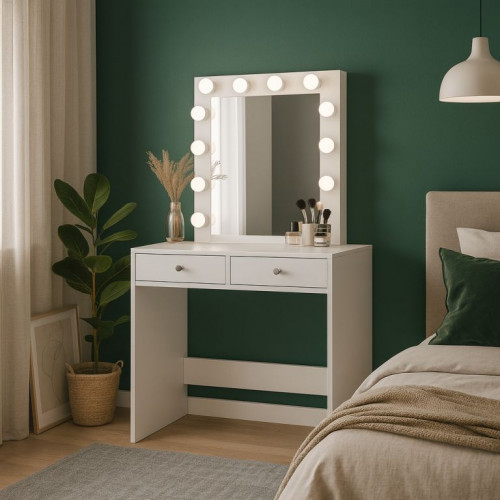 Toaletný stolík so zrkadlom 12 LED biely, 2 zásuvky