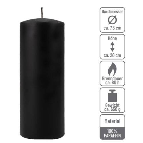 Čierna parafínová sviečka 20 cm, doba horenia 80 hodín, 2 ks