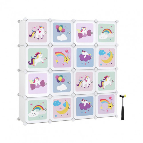 Kockový regál pre deti 16 boxov - motív jednorožce, biely