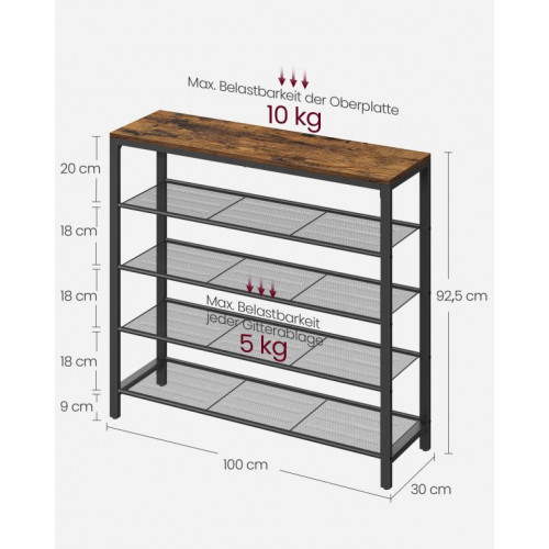 VASAGLE botník, 4 police, oceľový rám, rustikálna hnedá