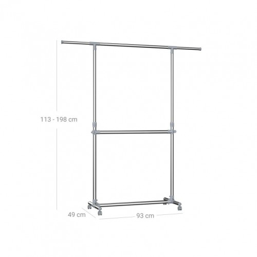 Dvojitý vešiak na odevy na kolieskach, výška 113–198 cm