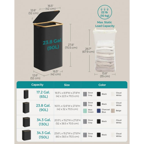 SONGMICS kôš na bielizeň s vekom 90L, čierny, skladací