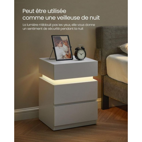 Nočný stolík VASAGLE s LED osvetlením, 3 zásuvky, biely
