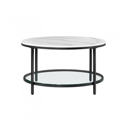 VASAGLE konferenčný stolík biely mramor so sklenenou policou