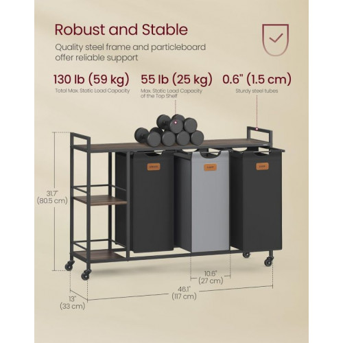 VASAGLE kôš na bielizeň 150 L, 3 priehradky, hnedo-čierny