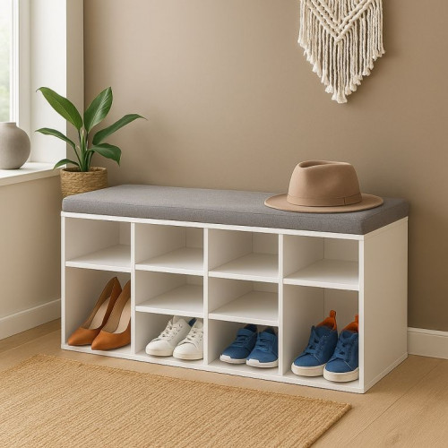 Skriňa na topánky s lavicou a vankúšom, biela, 104×30×48 cm
