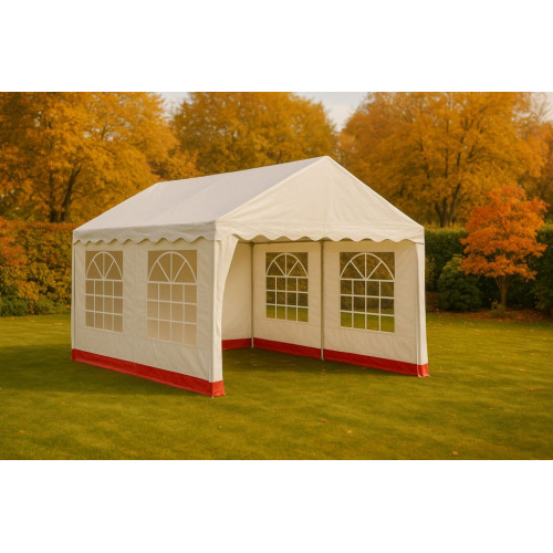 Záhradný párty stan - biely s červeným lemom 3 x 4 m