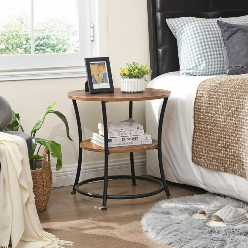 Okrúhly stolík s policou, rustikálna hnedá, kovový rám, 55cm