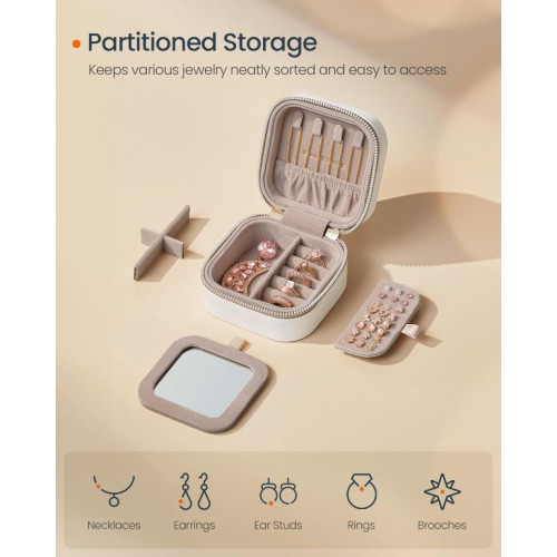 Malá cestovná šperkovnica so zrkadlom a priehradkami, biela