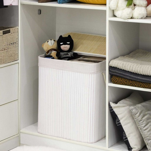 Bambusový košík na bielizeň s vekom a 2 priehradkami, biely