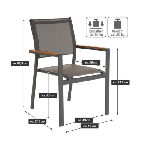 Záhradná stohovateľná kovová stolička, antracitová, sada 4ks