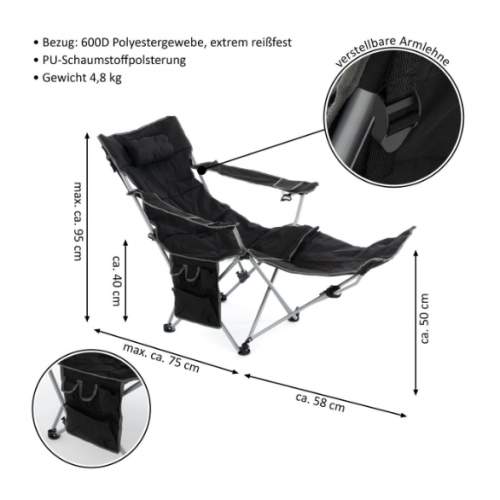 Kempingová stolička s odnímateľnou podnožkou, čierna