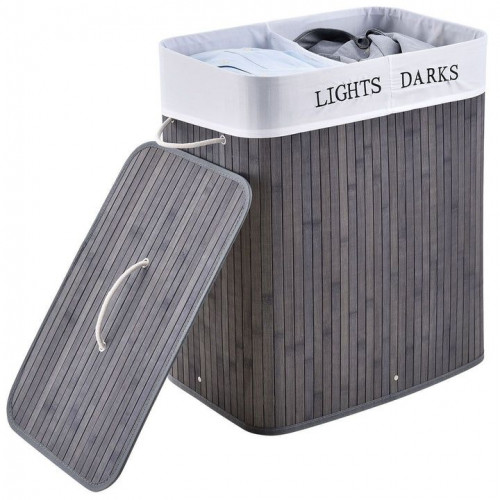 Bambusový košík na bielizeň 100 l, 2 priehradky, sivý