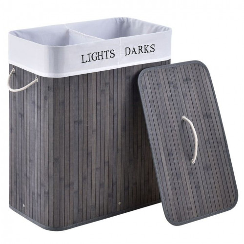 Bambusový košík na bielizeň 100 l, 2 priehradky, sivý