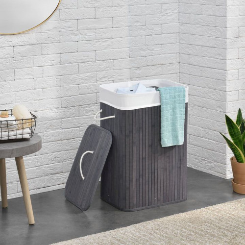 Bambusový košík na bielizeň s vekom, 72 l, sivý