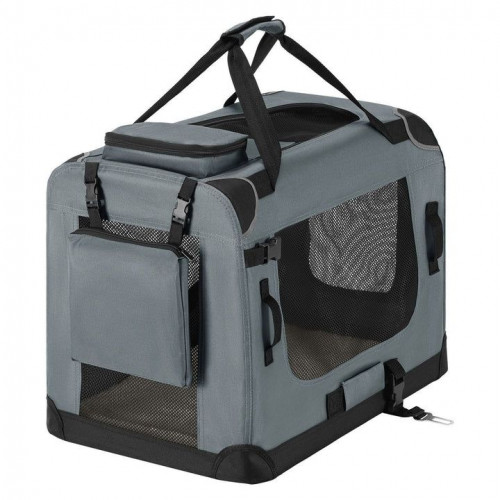 Skladací prepravný box pre psov, sivý, s posteľou, veľkosť M