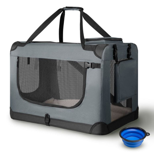 Skladací prepravný box pre psov, sivý, s posteľou, veľkosť S