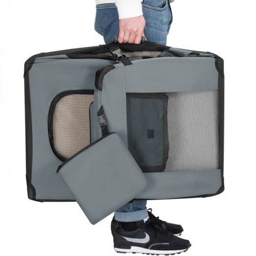 Skladací prepravný box pre psov, sivý, s posteľou, veľkosť S