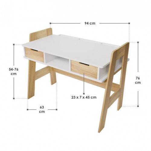 Detský písací stôl biely, výškovo nastaviteľný, úložný pries