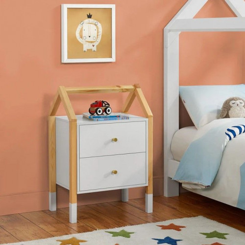 Detský nočný stolík, biely, dizajn domu, 2 zásuvky