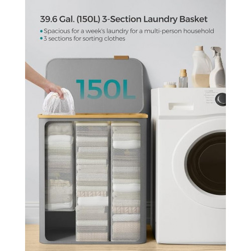 150 l košík na bielizeň s 3 priehradkami, sivý, bambus rám