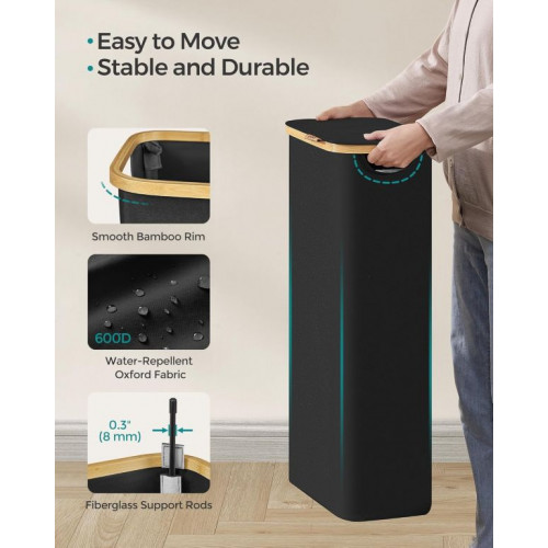 Úzky košík na bielizeň 65 l, čierny, bambusový okraj