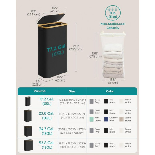 Úzky košík na bielizeň 65 l, čierny, bambusový okraj